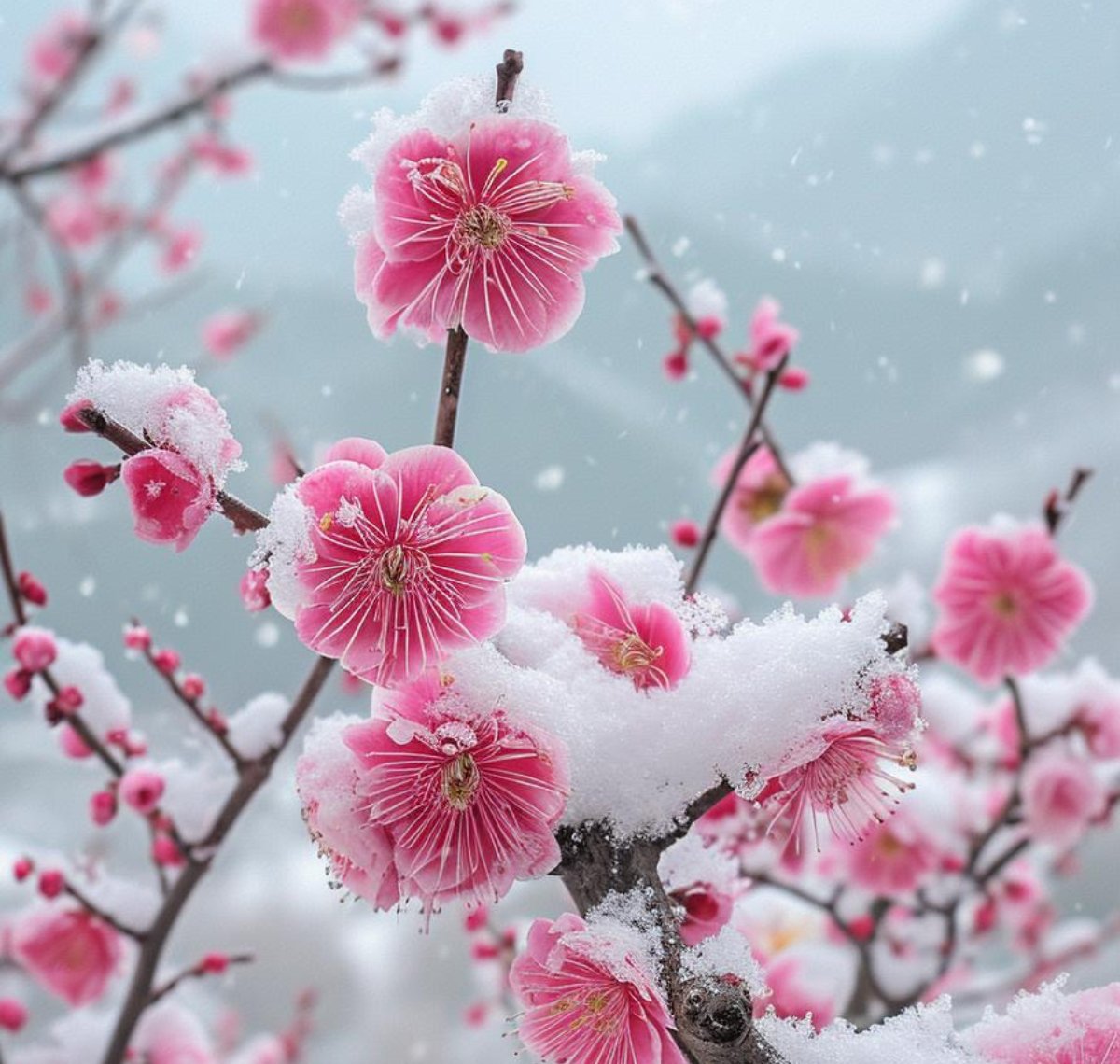 pink plum blossoms blooming in snow winter scene