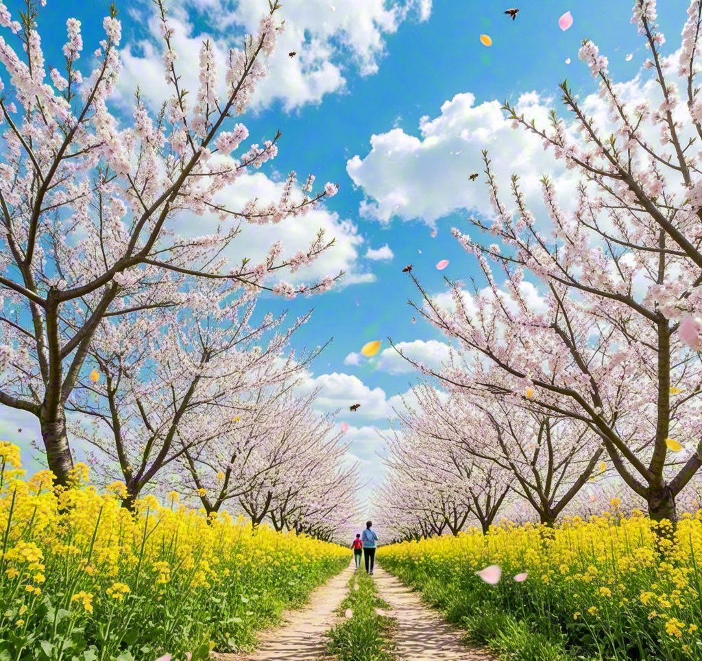 spring cherry blossoms and peach flowers blooming together