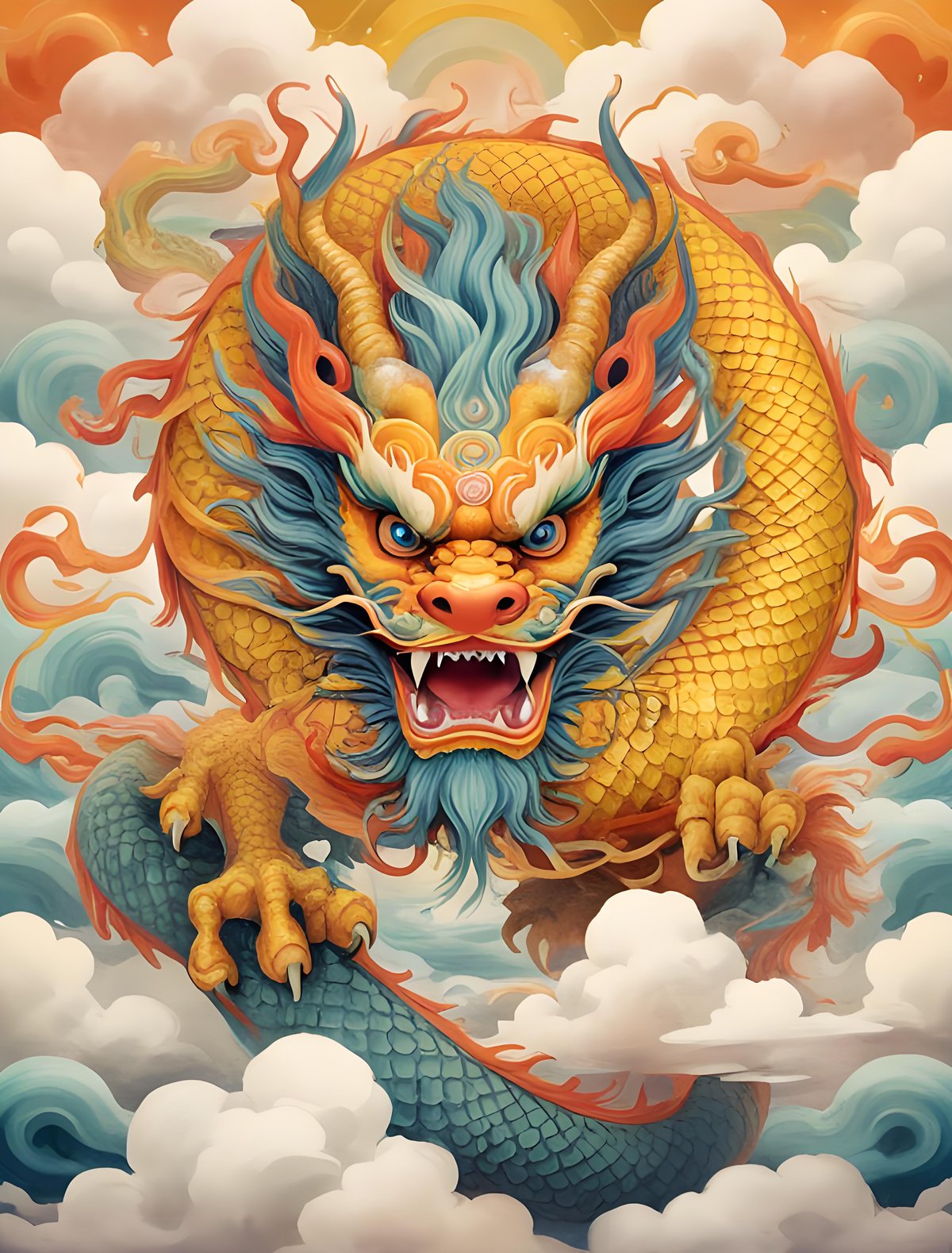 Huanglong yellow dragon central five directions 黄龙 illustration