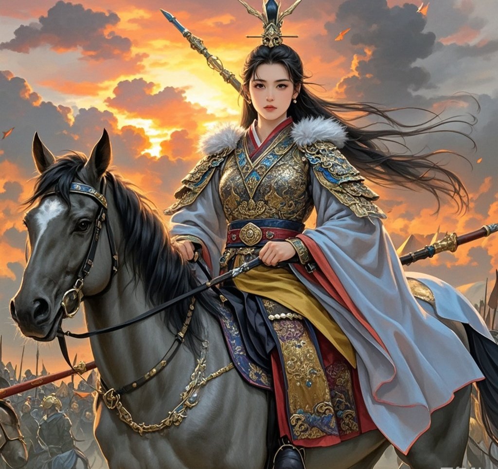 Chinese female warrior general concept art red cloak spear